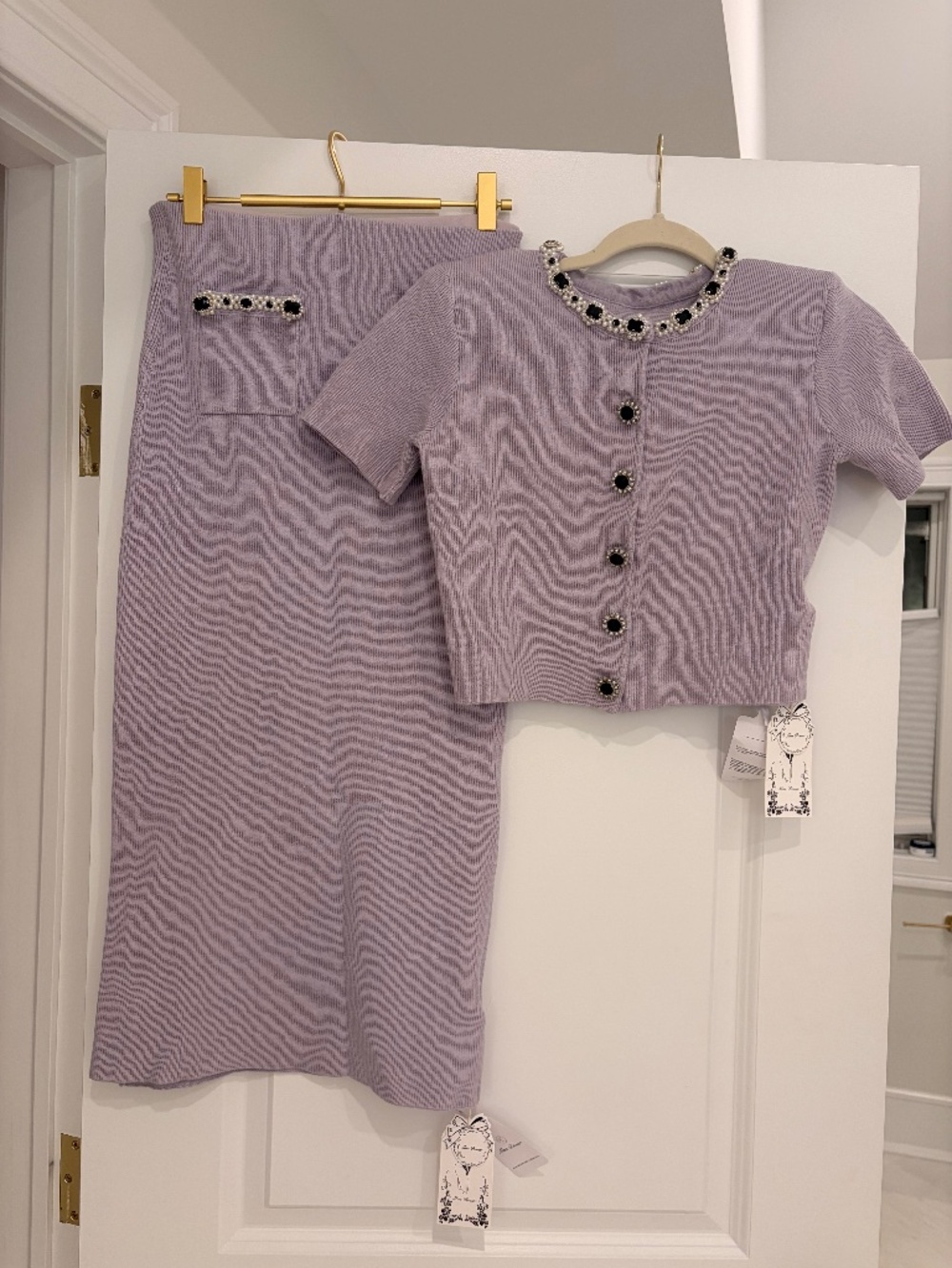 Cropped Knit Cardigan and Midi Skirt Set in Lavender - Picture 1 of 3